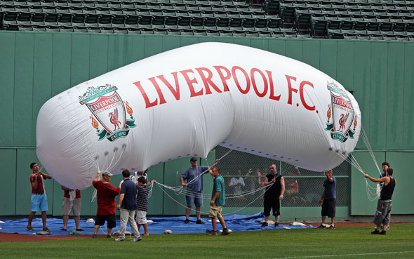 The Liverpool Football Club held a workout and press conference at Fenway Park today in anticipation of Wednesday night's friendly match vs. Roma. Here a giant 