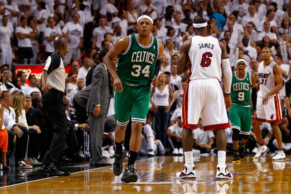 Paul Pierce of the Boston Celtics reacts after he made a 3-point basket in the final minute of the fourt quarter to give the Celtics a 90-86 lead against LeBron James #6 of the Miami Heat in Game Five of the Eastern Conference Finals in the 2012 NBA Playoffs on June 5, 2012 at American Airlines Arena 