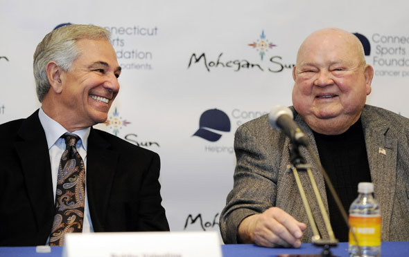 Boston Red Sox manager Bobby Valentine, left, laughs with Tampa Bay Rays adviser Don Zimmer at a press conference before the Connecticut Sports Foundation annual celebrity dinner at the Mohegan Sun Casino, Friday, Feb. 10, 2012, in Uncasville, Conn.