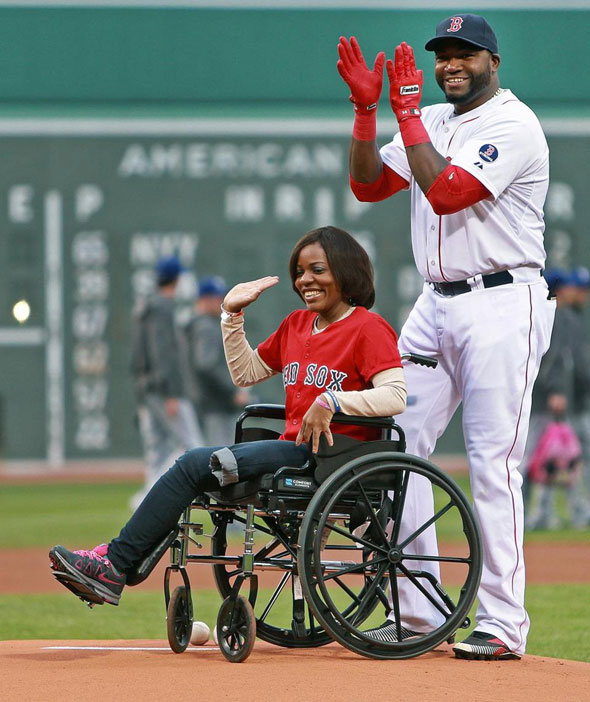 Before the game, the Red Sox honored Marathon bombing survivor Mery Daniel, who was wheeled to the mound by Ortiz where she delivered the game ball.