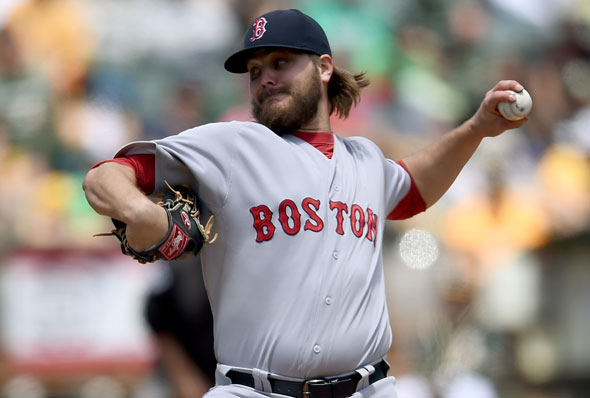 Wade Miley of the Boston Red Sox pitches against the Oakland Athletics in the bottom of the first inning at O.co Coliseum on May 13, 2015 in Oakland, California.