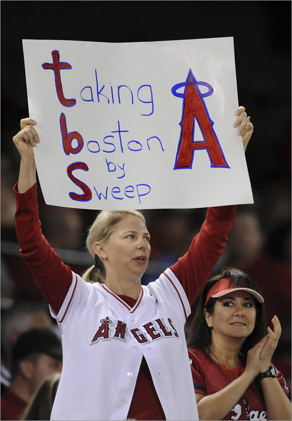 A fan of the Los Angeles Angels of Anaheim holds a sign in support during Game Two of the ALDS against the Boston Red Sox during the 2009 MLB Playoffs at Angel Stadium on October 9, 2009 in Anaheim, California.
