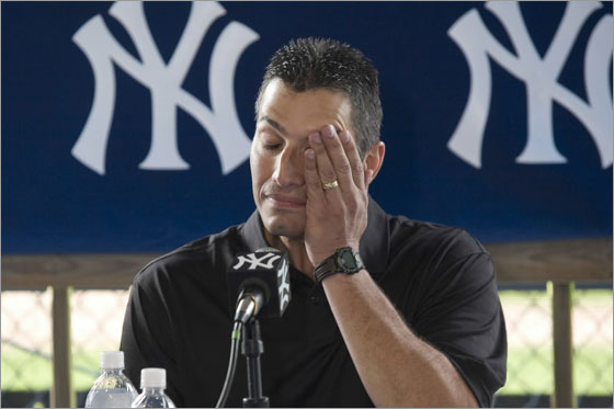 Andy Pettitte of the New York Yankees speaks to the media during his press conference to discuss his HGH (Human Growth Hormone) use on February 18, 2008 at Legends Field in Tampa, Florida.