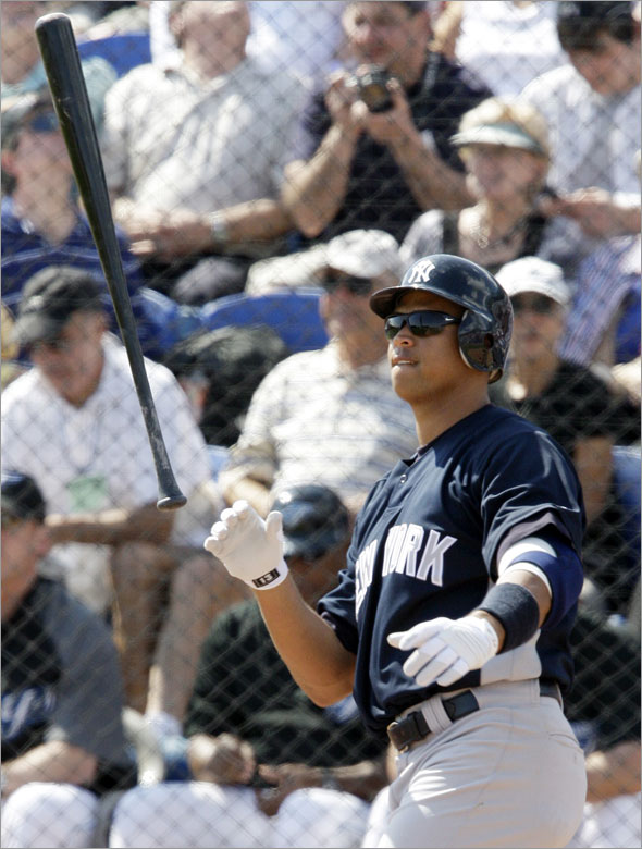 New York Yankees' Alex Rodriguez flips his bat after swinging and missing a pitch against Toronto Blue Jays pitcher Ricky Romero during the fourth inning of their spring training opening baseball game in Dunedin, Fla., Wednesday, Feb. 25, 2009. Rodiguez hit a two-run on the next pitch.
