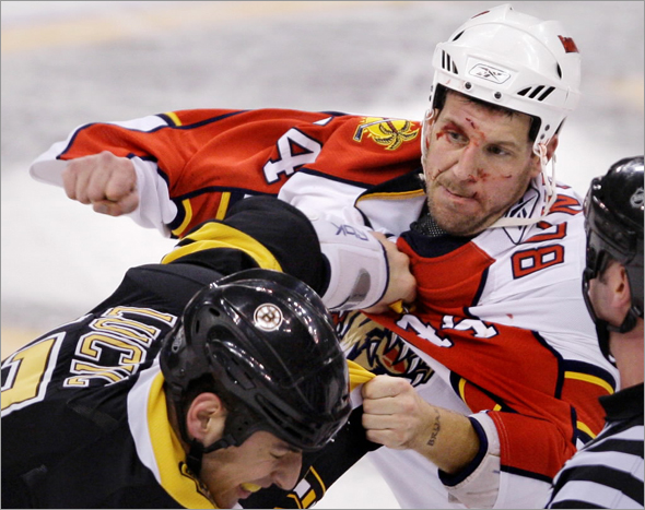 Florida Panthers defenseman Nick Boynton, right, throws a punch during a fight with Boston Bruins left wing Milan Lucic during the second period of their NHL hockey game in Boston, Friday