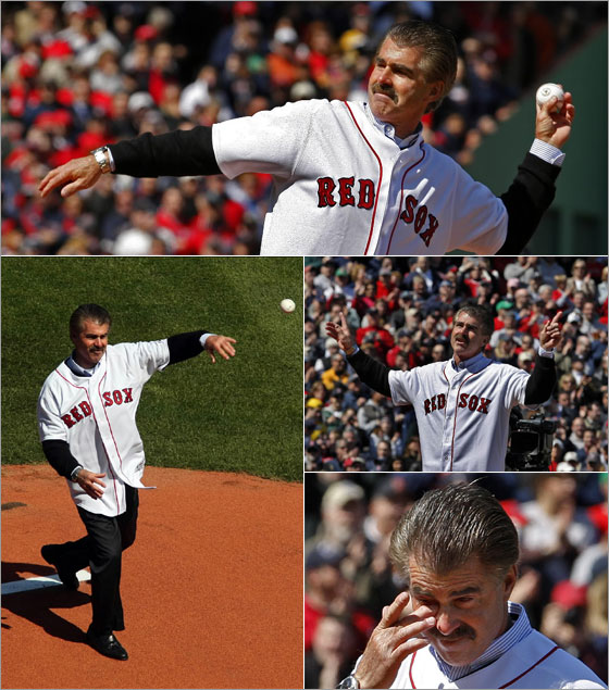 Former Red Sox star Bill Buckner throws out the first pitch during a standing ovation.