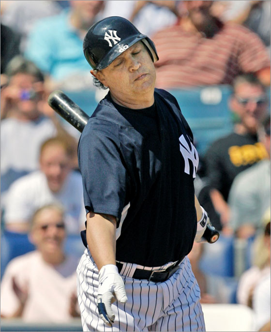 Actor and comedian Billy Crystal strikes out in his only at bat as designated hitter during the New York Yankees spring training baseball game against the Pittsburgh Pirates at Legends Field in Tampa, Fla.,Thursday, March 13, 2008. (AP Photo/Kathy Willens)