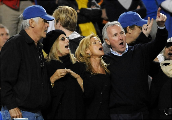 (L-R) Actor James Brolin, singer Barbra Streisand, Jamie McCourt and owner of the Los Angeles Dodgers Frank McCourt watch Game 4 against the Philadelphia Phillies in the National League Championship Series during the 2008 MLB playoffs on October 13, 2008 at Dodger Stadium in Los Angeles