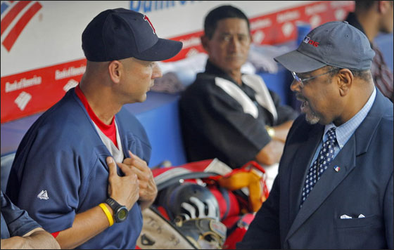 Major league compliance man Bob Watson was in the Boston dugout before the game, and Red Sox manager Terry Francona showed him that he indeed did have his regulation game jersey on underneath his ever present pullover.