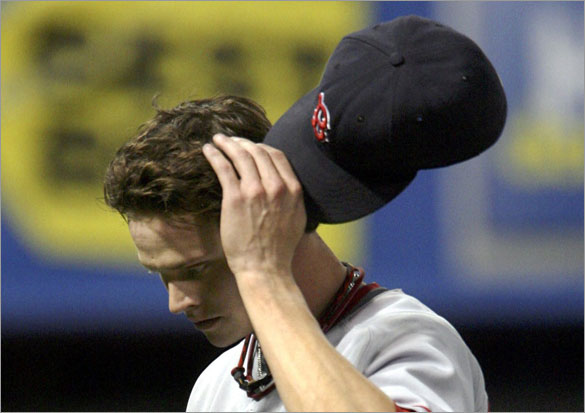 Red Sox starting pitcher Clay Buchholz leaves the game after being pulled by manager Terry Francona during the fifth inning of their MLB American League baseball game against the Minnesota Twins at the Metrodome in Minneapolis, May 12, 2008. 