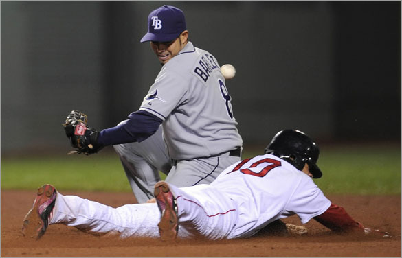 Red Sox center fielder Coco Crisp  steals second base as Rays short stop Jason Bartlett  can't get a handle on the throw from catcher Dioner Navarro during the sixth inning. The Boston Red Sox host the Tampa Bay Rays a MLB game played at Fenway Park in Boston, MA Wednesday, June 4, 2008.
