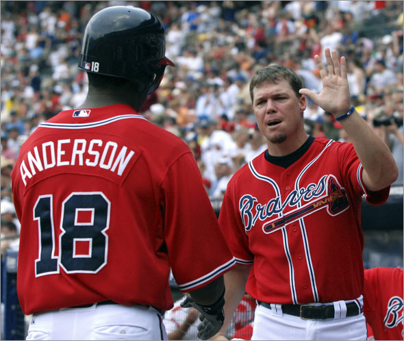  Chipper Jones, right, celebrates with teammate Garret Anderson after Anderson's home run against the Boston Red Sox during the fourth inning of a baseball game Sunday, June 28, 2009, at Turner Field in Atlanta. Both players had solo home runs during the afternoon and led the Braves to a 2-1 win.