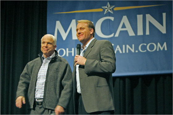 Manchester, NH 12/05/07: During a presidential campaign event held in the auditorium of the Derryfield School, republican candidate Sen. John McCain was joined by Boston Red Sox pitcher Curt Schilling.