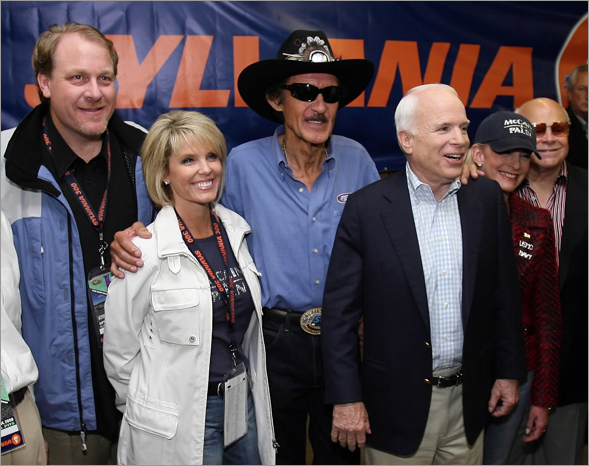 Red Sox pitcher Curt Schilling, Shonda Schilling, former NASCAR driver Richard Petty (L), Republican presidential nominee John McCain (R-AZ), his wife Cindy McCain and promoter and owner, CEO of NASCAR track owner Speedway Motorsports, Inc. Bruton Smith