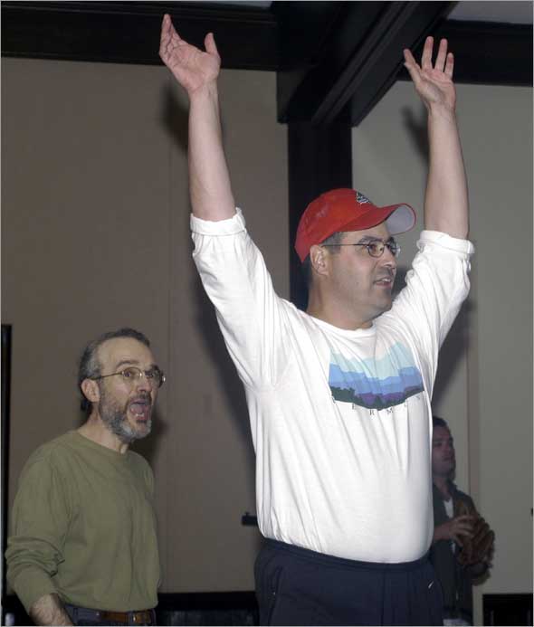 July 2003: Former Red Sox General Manager Dan Duquette is in rehearsal for his role as Mr. Van Buren in the play Damn Yankees