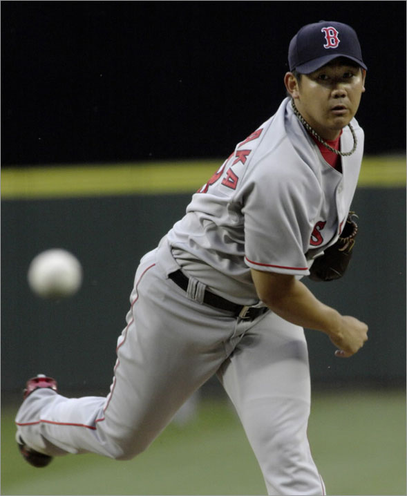 Daisuke Matsuzaka delivers a pitch against the Seattle Mariners during the second inning of their American League baseball game in Seattle, Washington, July 22, 2008