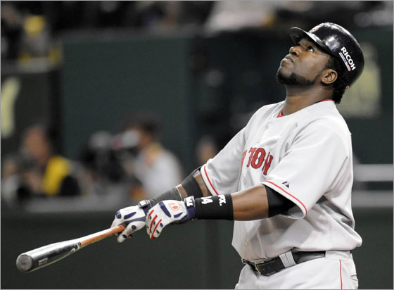 David Ortiz watches his foul fly in the third inning of the 2008 MLB Japan Series season's opening game against Oakland Athletics at the Tokyo Dome on March 26, 2008.