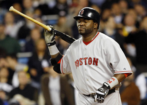 Boston Red Sox designated hitter David Ortiz reacts to popping out with men on base in the eight inning of their MLB American League Baseball game against the New York Yankees at Yankee Stadium in New York, April 16, 2008.