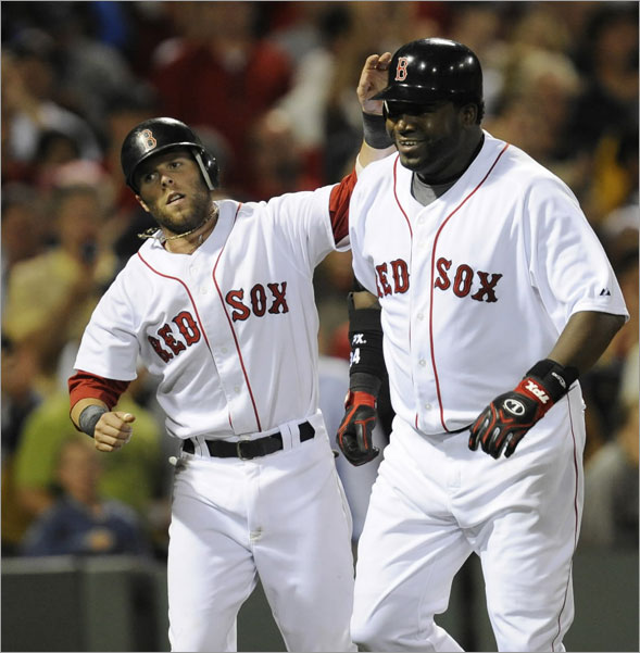 Red Sox second baseman Dustin Pedroia congratulates teammate David Ortiz after Ortiz hit a home run, driving in Pedroia during the 4th inning. The Boston Red Sox host the New York Yankees