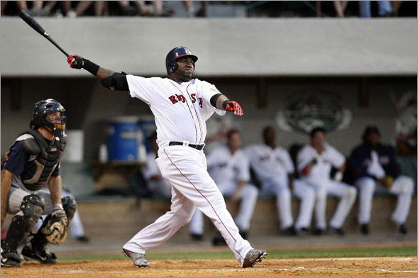 David Ortiz watches the flight of his leadoff HR in the 4th inning. The HR came in Ortiz's second at bat in the first game back at Pawtucket in his rehab for a injured wrist.