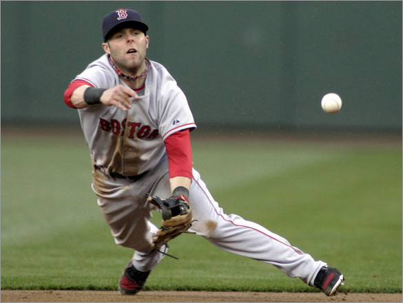 Red Sox second baseman Dustin Pedroia makes an off-balance throw to second base on a ball hit by Seattle Mariners Raul Ibanez during the third inning of their American League baseball game in Seattle, Washington, May 27, 2008. 