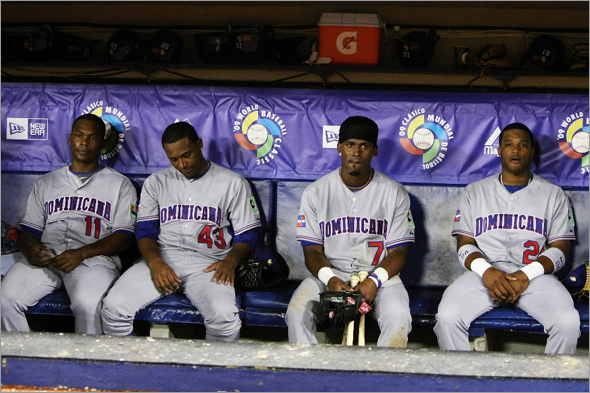 SAN JUAN, PUERTO RICO - MARCH 10: Jose Guillen, Damaso Marte, Jose Reyes, and Robinson Cano of the Dominican Republic react after losing 3-2 against the Netherlands during the 2009 World Baseball Classic Pool D match at Hiram Bithorn Stadium March 10, 2009 in San Juan, Puerto Rico.