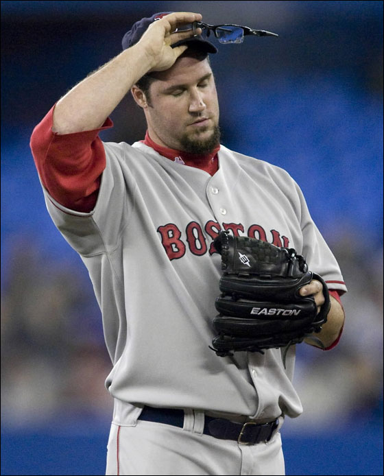 IRed Sox reliever Eric Gagne is seen during the eighth inning of a baseball game against the Toronto Blue Jays in Toronto Tuesday, Sept. 18, 2007. Gagne walked two batters in the inning as the Blue Jays scored three runs for a 4-3 win. 