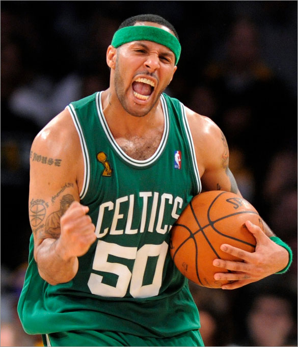 Celtics guard Eddie House celebrates after the Celtics beat the Los Angeles Lakers 97-91 in Game 4 of the NBA basketball finals Thursday, June 12, 2008, in Los Angeles.