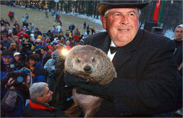 Grady Little came out from his stump at Gobbler's Knob on Groundhog Day, Monday, Feb. 2, 2009, in Punxsutawney, Pa. The Groundhog Club said Grady saw his shadow and predicted six more weeks of winter.