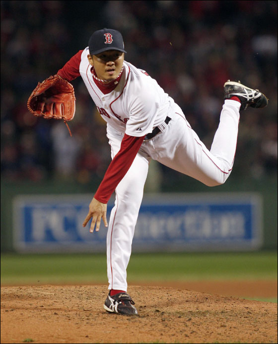 Red Sox reliever Hideki Okajima pitches against the Colorado Rockies in Game 2 of Major League Baseball's World Series in Boston October 25, 2007