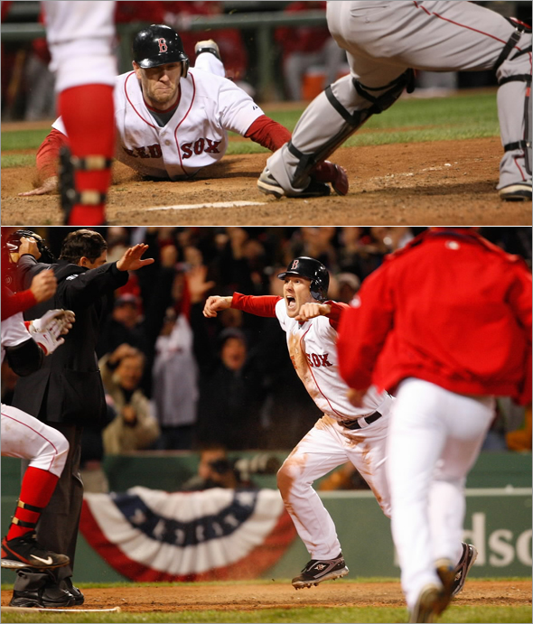 Jason Bay scores the winning run during the 9th inning.The Boston Red Sox host the Los Angeles Angels in game 4 of the ALDS series played at Fenway Park in Boston, MA Monday, Oct. 6, 2008