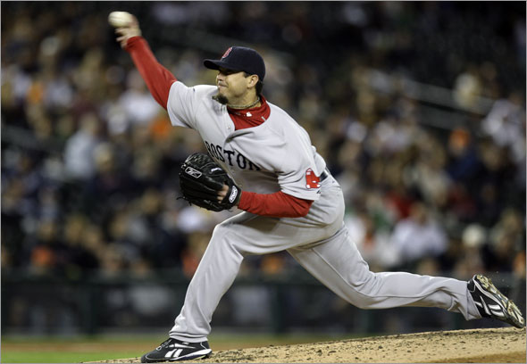 Red Sox pitcher Josh Beckett throws against the Detroit Tigers in the seventh inning of a baseball game in Detroit, Wednesday, June 3, 2009. 