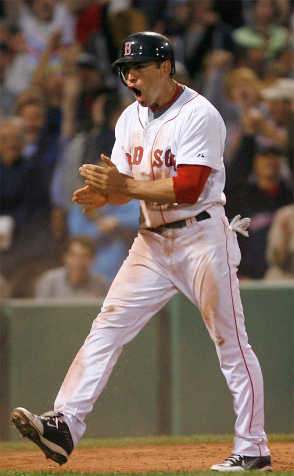 Jacoby Ellsbury #46 of the Boston Red Sox celebrates after stealing home against the New York Yankees at Fenway Park April 26, 2009 in Boston, Massachusetts. Jacoby Ellsbury recorded the first steal of home by a Red Sox player in 10 years. 