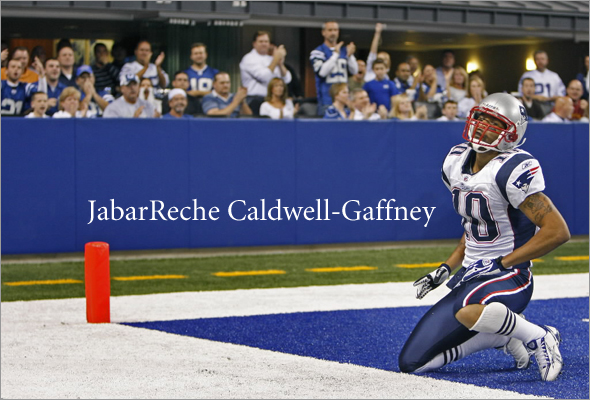 Patriots wide reciever Jabar Gaffney (much to the delight of the Colts fans) is alone and down on the turf (as well as himself) after he couldn't come up with what appeared to be a catchable pass in the fourth quarter near the goal line.