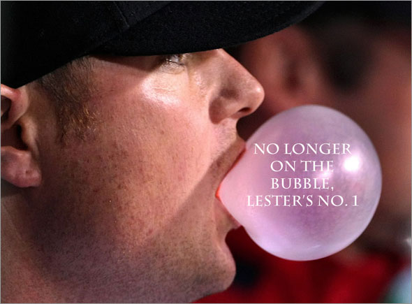 Jon Lester blows a big bubble in the dugout as he enjoys a comfortable lead in the 5th inning, with the Sox ahead, 3-0 and only giving up 1 hit.