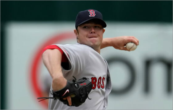 Jonathan Lester of the Red Sox pitches against the Oakland Athletics during the first inning at the McAfee Coliseum April 2, 2008 in Oakland, California.