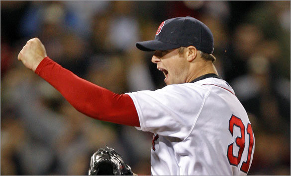 Red Sox pitcher Jon Lester celebrates after the final out of his no hitter vs. the Royals.