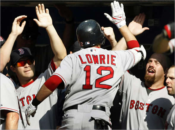 Jed Lowrie celebrates his home run against the Toronto Blue Jays with teammates in the dugout during the eleventh inning of their MLB American League baseball game in Toronto, August 24, 2008.