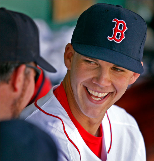 Red Sox rookie pitcher Justin Masterson was outstanding for six innings, giving up only one run, and after coming out of the game, he was all smiles in the dugout as he talked to Sean Casey, but the Boston bullpen let him down, and the Angels were victorious 7-5.