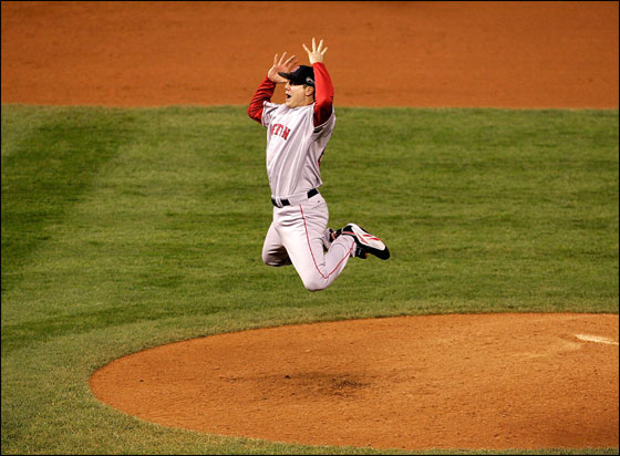 Jonathan Papelbon of the Boston Red Sox celebrates after winning Game Four by a score of the 4-3 to win the 2007 Major League Baseball World Series in a four game sweep of the Colorado Rockies at Coors Field on October 28, 2007 in Denver, Colorado.
