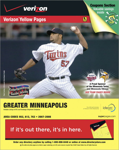Minnesota Twins pitcher Johan Santana graces the cover of the Greater Minneapolis Verizon Yellow Pages 