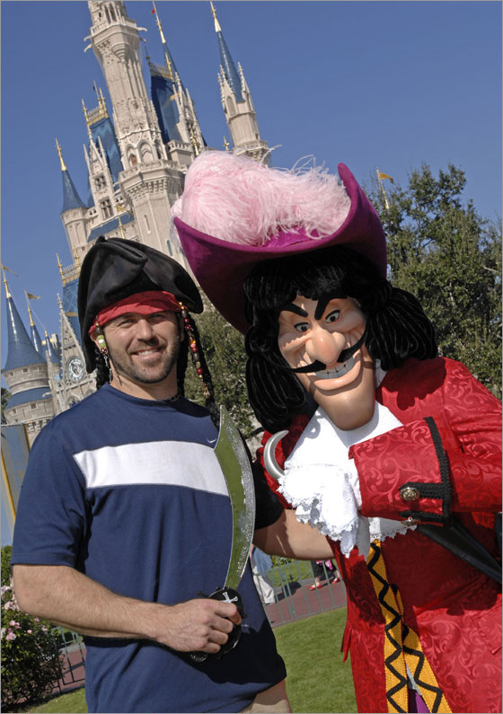 Boston Red Sox team captain Jason Varitek faces off with another noted captain, Captain Hook, Dec. 27, 2007 at the Magic Kingdom theme park.   Varitek, catcher for the Red Sox, recently helped lead his team to the 2007 World Series Championship in November.  Varitek is vacationing with family and friends at the Walt Disney World Resort in Lake Buena Vista, Fla. Christmas week.