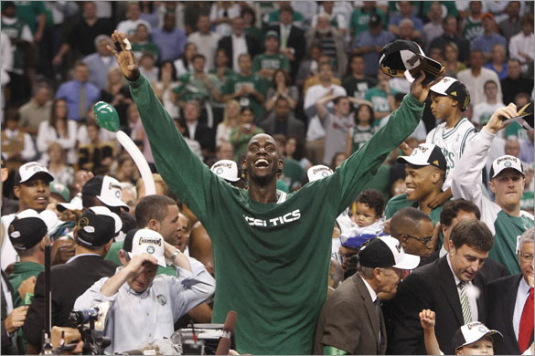 Boston Celtics' Kevin Garnett reacts after winning in the fourth quarter. Boston Celtics play against Los Angeles Lakers in NBA Finals on Tuesday, June 17, 2008 at TD Banknorth Garden.