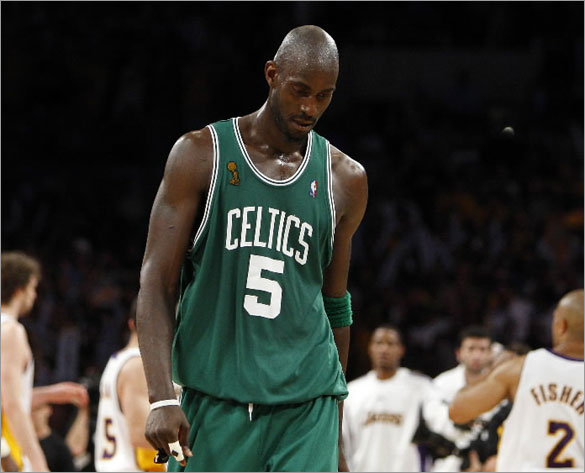 Kevin Garnett of the Celtics (after Bryant dunk) near the end of the fourth quarter of the fifth game of the National Basketball Association finals between the Los Angeles Lakers and the Boston Celtics at the Staples Center in Los Angeles, California