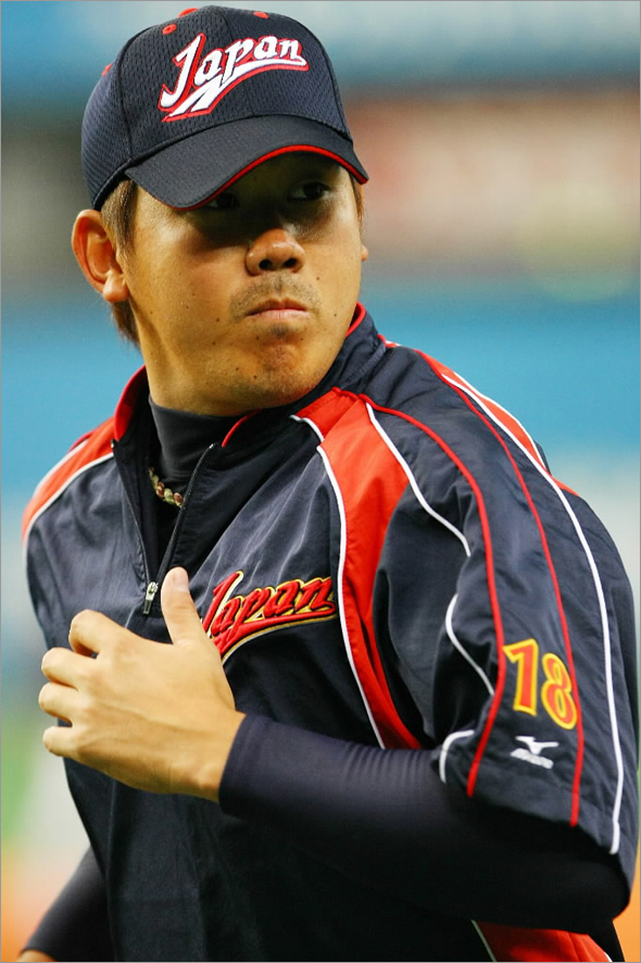 Pitcher Daisuke Matsuzaka #18 of Japan attends a practice session prior to playing an exhibition match between Japan and Australia at Kyocera Dome Osaka on February 24, 2009 in Osaka, Japan.