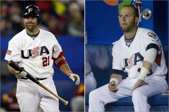 Kevin Youkilis of the USA reacts after he struck out and ended the game during the 2009 World Baseball Classic Pool C match at the Rogers Centre March 11, 2009 in Toronto, Ontario, Canada. Venezuela defeated the USA 5-3.  Dustin Pedroia watch seventh-inning.