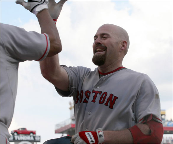 Red Sox Kevin Youkilis, right, is congratulated by Alex Cora, left, after Youkilis hit a solo home run off Cincinnati Reds pitcher Mike Lincoln in the 10th inning of a baseball game, Saturday, June 14, 2008 in Cincinnati. The Red Sox won, 6-4. 