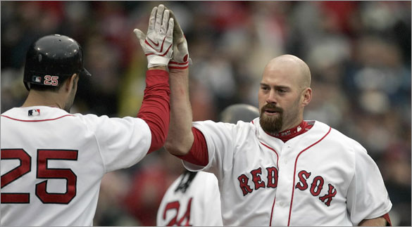 Kevin Youkilis, right, celebrates his solo home run with teammate Mike Lowell (25) in the seventh inning of a baseball game against the Tampa Bay Rays, Sunday, May 4, 2008, in Boston.