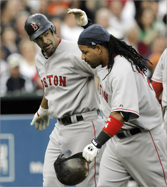 Red Sox's Mike Lowell, left, is congratulated by Manny Ramirez after hitting a two-run home run against the Detroit Tigers in the second inning of an MLB baseball game in Detroit, Monday, May 5, 2008. Ramirez scored on the play.
