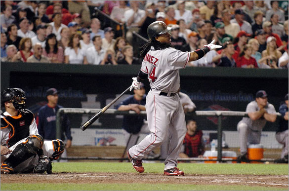 Manny Ramirez of the Boston Red Sox hits his 500th home run in the seventh inning against the Baltimore Orioles May 31, 2008 at Camden Yards in Baltimore, Maryland.